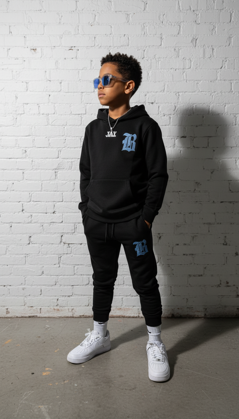 Kids Black Label Light Blue Bling Hoodie and Jogger Set