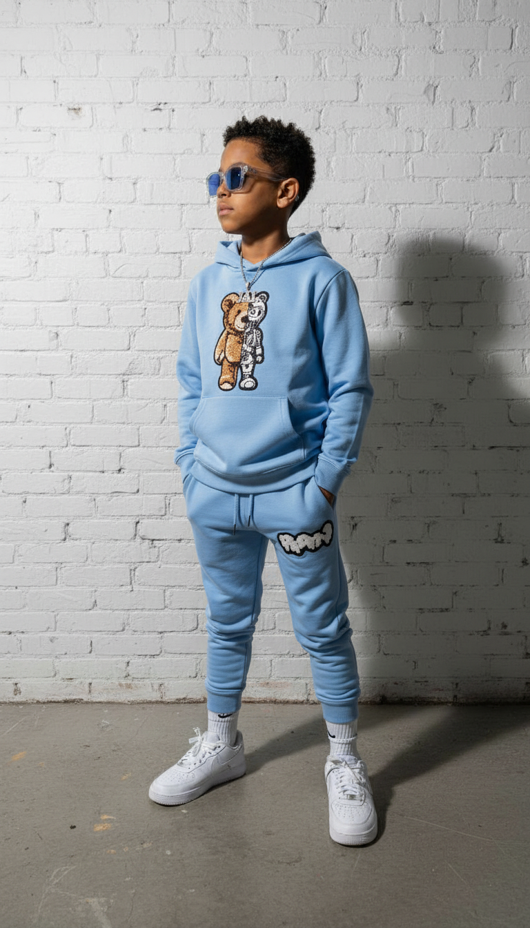 Kids Teddy Robot Raw Drip White Chenille Hoodie and Jogger Set