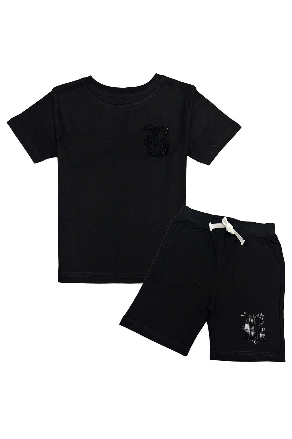 Kids Black Label Black Bling Crew Neck T-Shirt and Cotton Shorts Set
