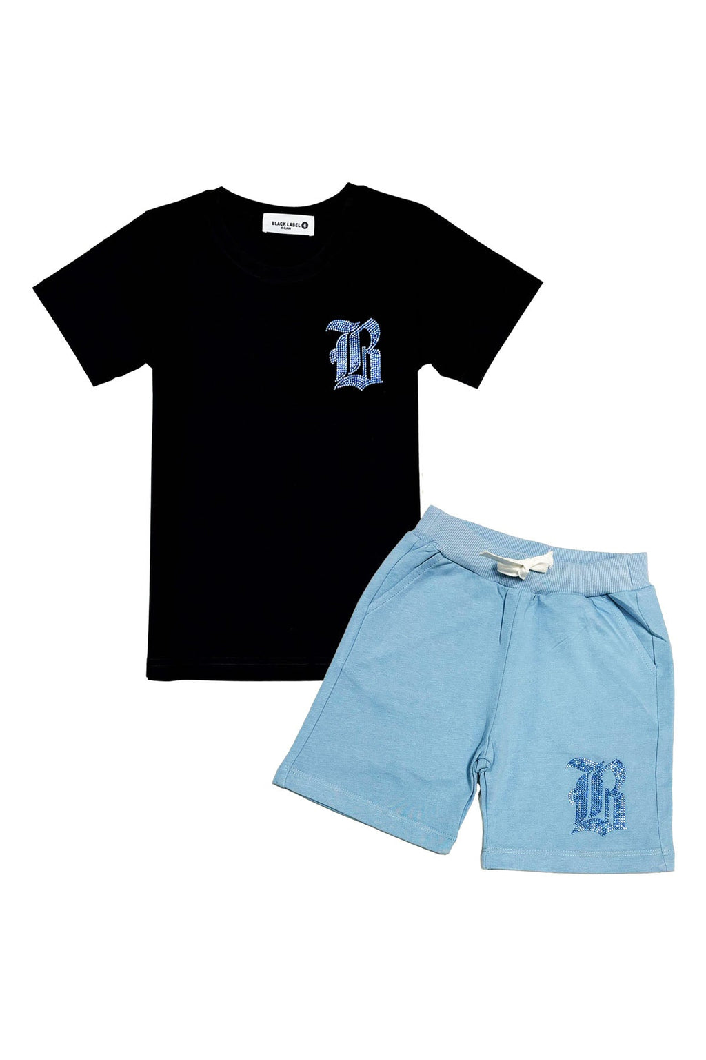 Kids Black Label Light Blue Bling Crew Neck T-Shirt and Cotton Shorts Set