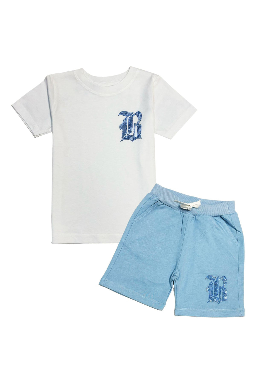 Kids Black Label Light Blue Bling Crew Neck T-Shirt and Cotton Shorts Set