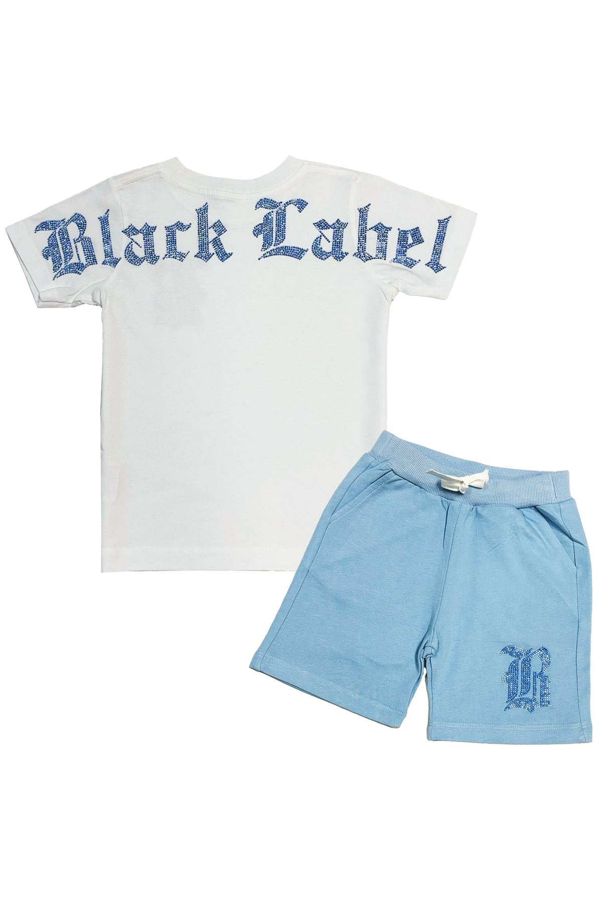 Kids Black Label Light Blue Bling Crew Neck T-Shirt and Cotton Shorts Set