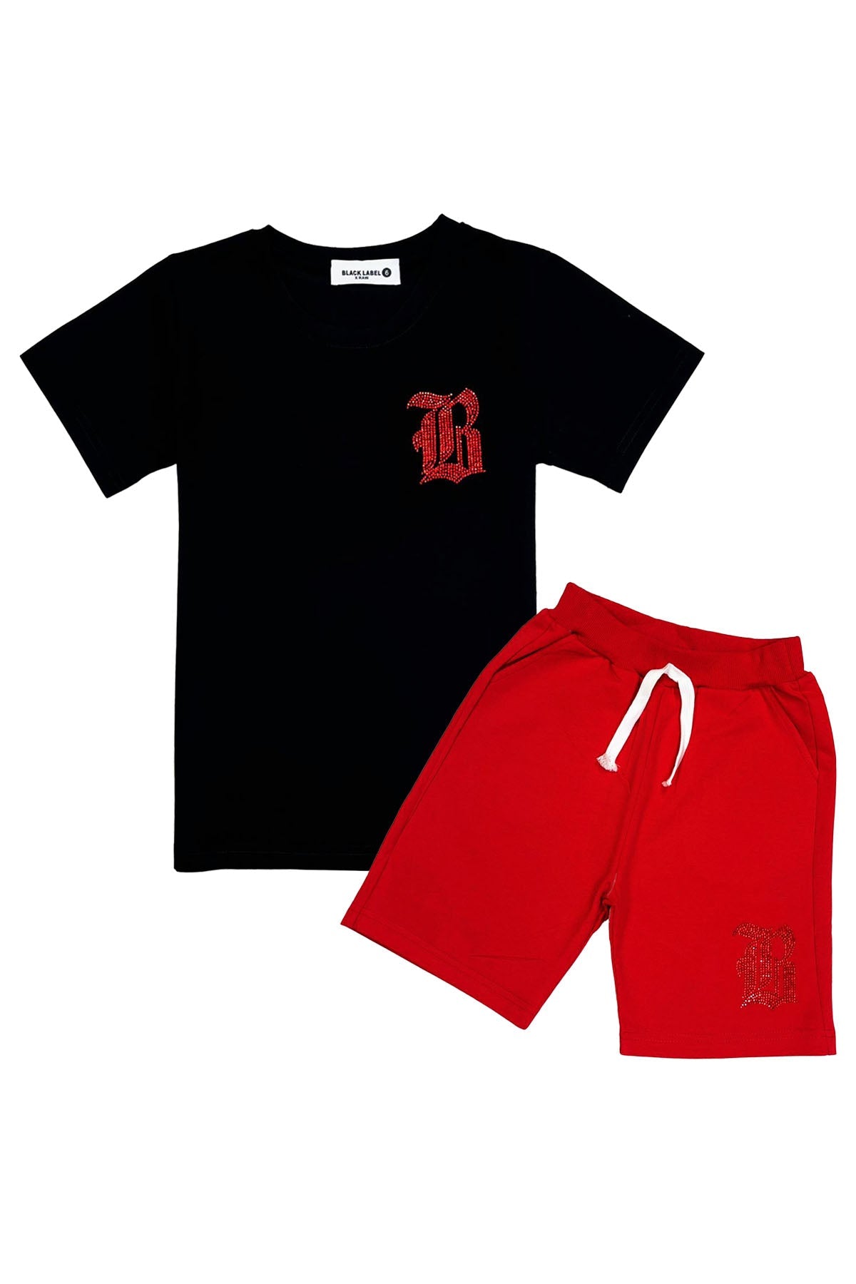 Kids Black Label Red Bling Crew Neck T-Shirt and Cotton Shorts Set