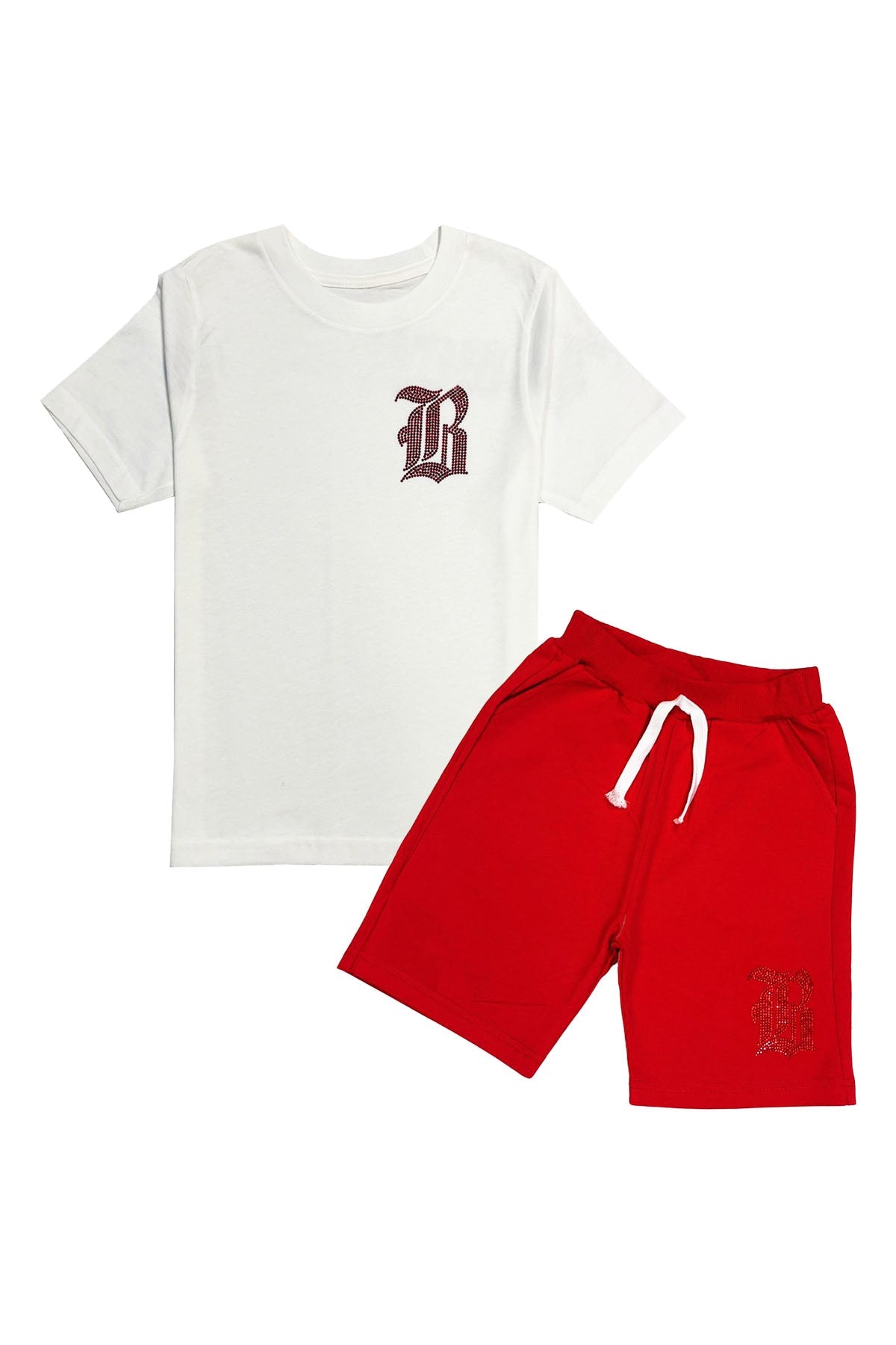 Kids Black Label Red Bling Crew Neck T-Shirt and Cotton Shorts Set