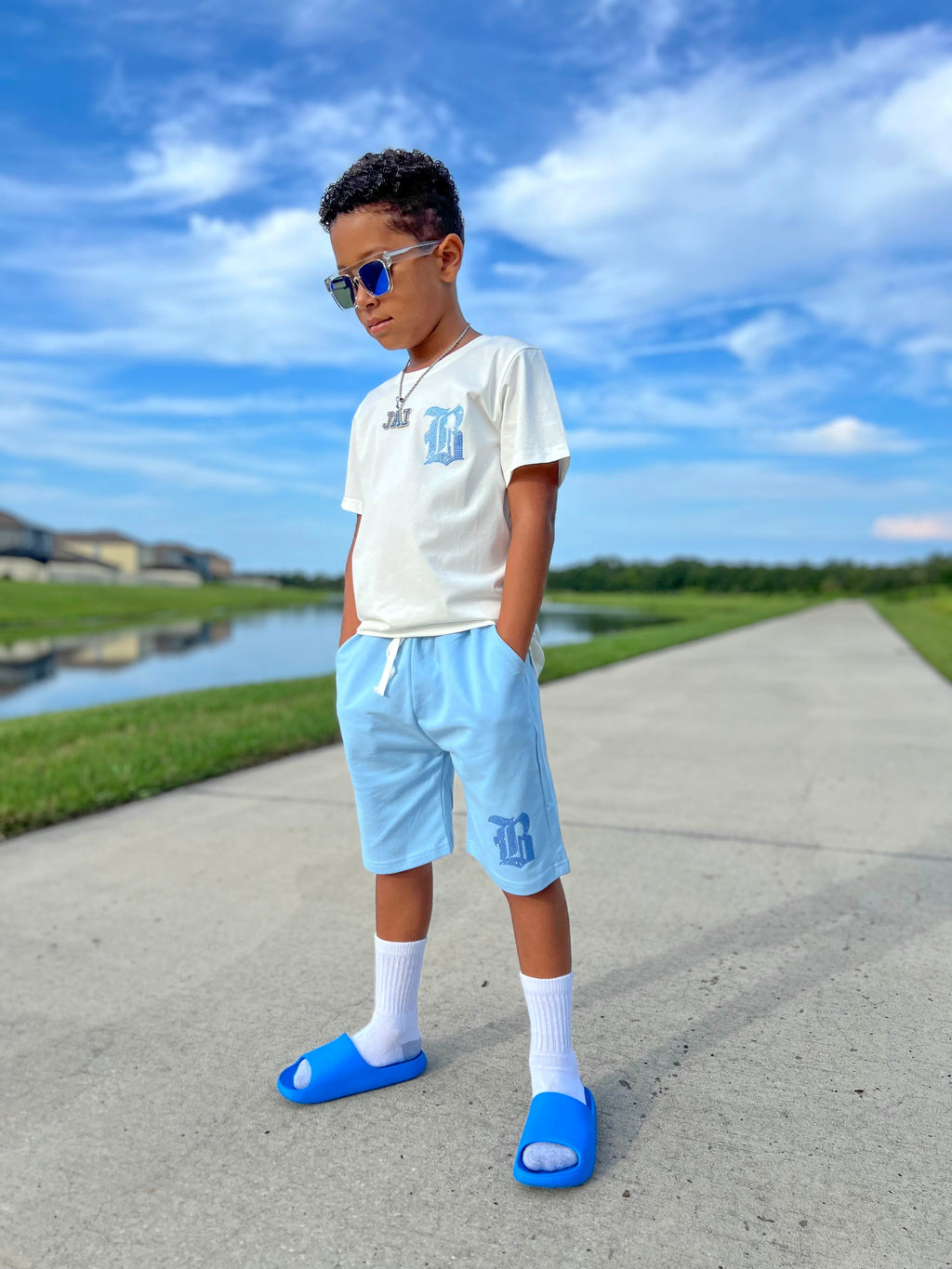 Kids Black Label Light Blue Bling Crew Neck T-Shirt and Cotton Shorts Set