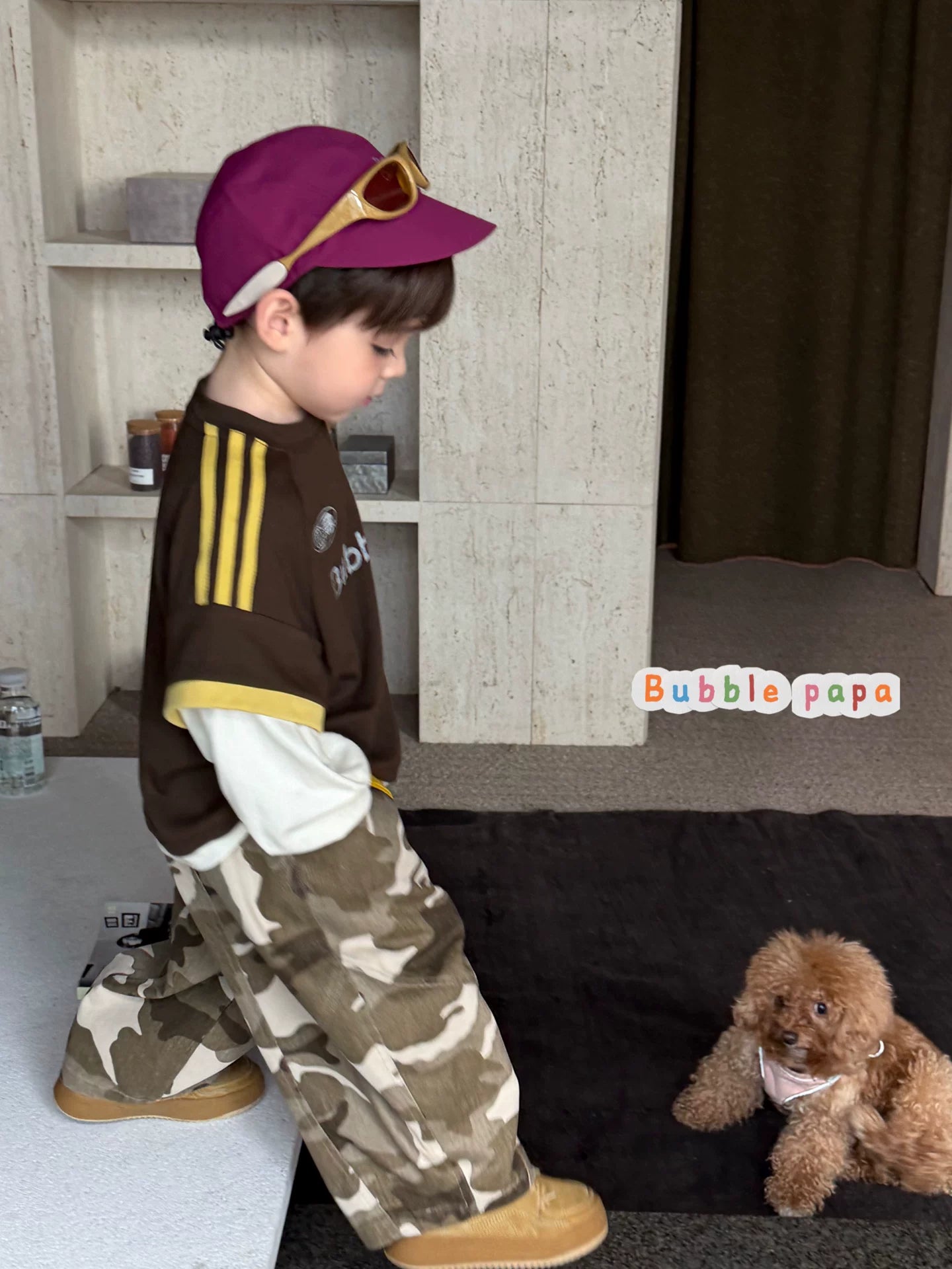 26 Autumn Style Boys' and Boys' American Retro Color Contrast Letter Printed Short sleeved T-shirt Korean Edition Work Clothes Camo Pants