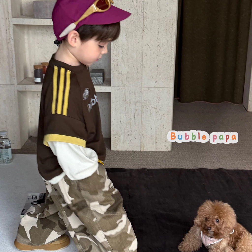 26 Autumn Style Boys' and Boys' American Retro Color Contrast Letter Printed Short sleeved T-shirt Korean Edition Work Clothes Camo Pants