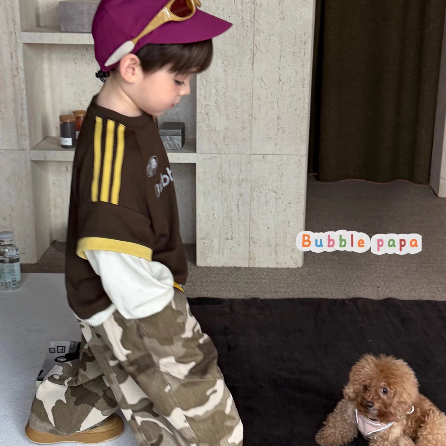 26 Autumn Style Boys' and Boys' American Retro Color Contrast Letter Printed Short sleeved T-shirt Korean Edition Work Clothes Camo Pants
