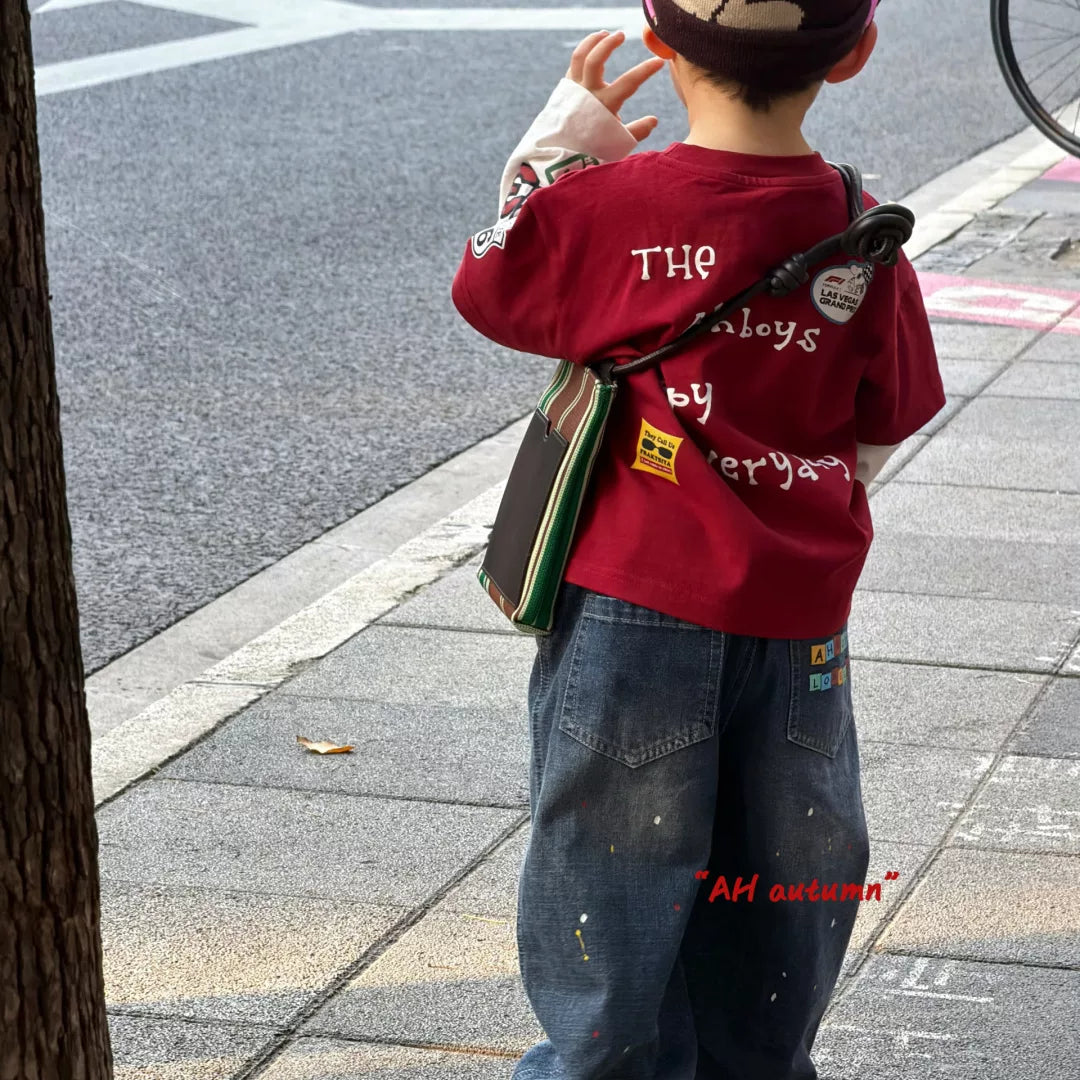 AH26 autumn boys and children's casual round neck red letter printed fake two piece T-shirt Korean loose and versatile jeans