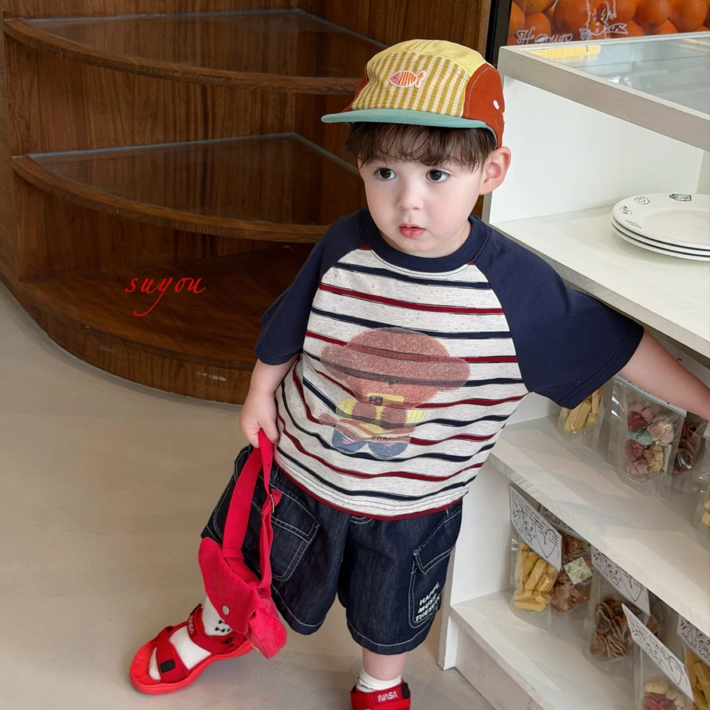 SuYou 2026 Summer Edition Korean version children's fresh striped short sleeved T-shirt, baby style loose and fashionable jeans
