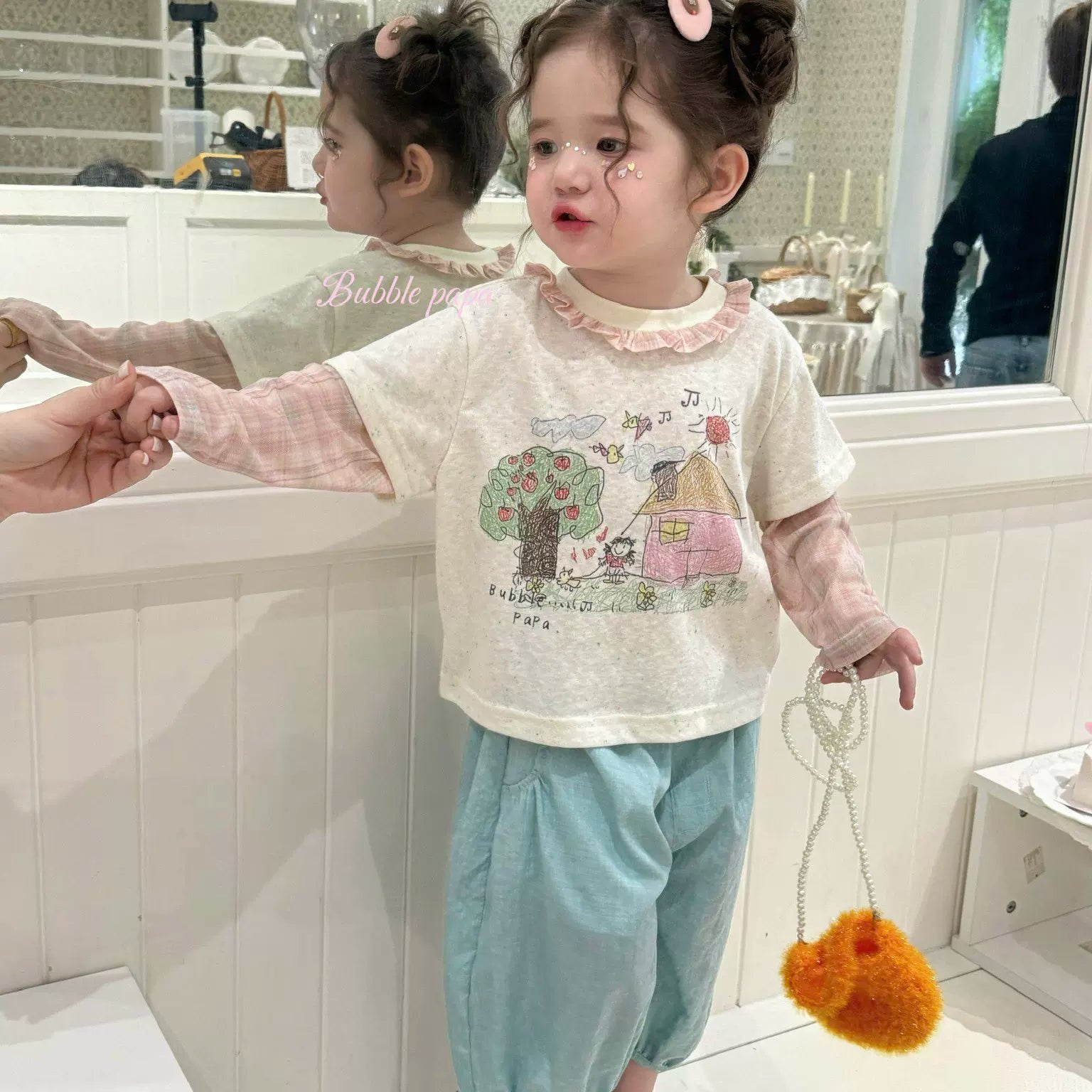 2026 summer new girls' and children's Korean version Western style fake two-piece spliced cartoon printed T-shirt, women's treasure casual pants