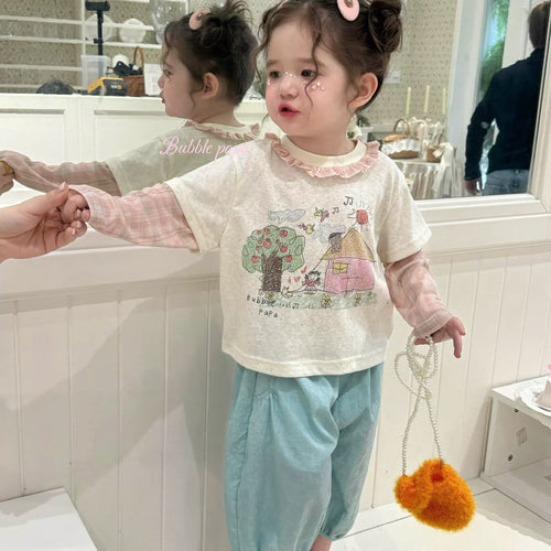 2026 summer new girls' and children's Korean version Western style fake two-piece spliced cartoon printed T-shirt, women's treasure casual pants