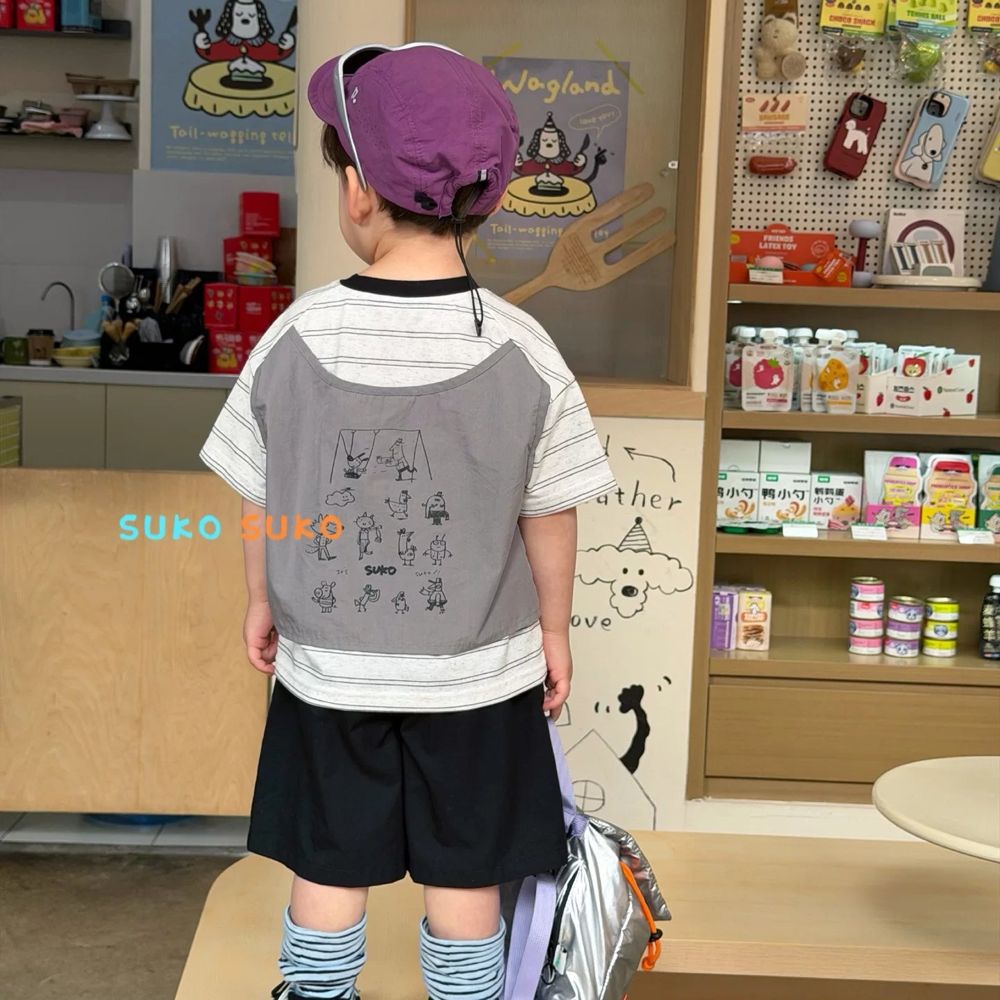 2026 summer new Korean version boys and children loose chest cartoon patch cloth round neck short sleeved T-shirt baby shorts