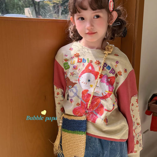 2026 Autumn Girl Cartoon Cat Printed Color blocked Sleeve Cute Long sleeved T-shirt Korean Edition workwear Straight leg jeans