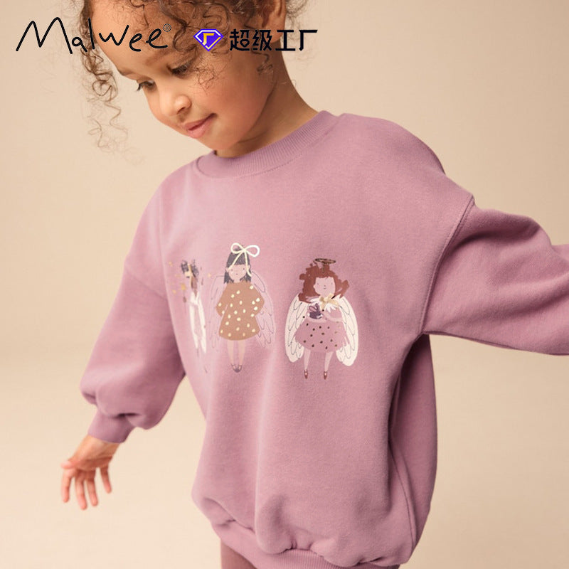 Cross border Malwee girls' hoodie autumn and winter new item European and American children's round neck long sleeved base shirt, stylish children's clothing