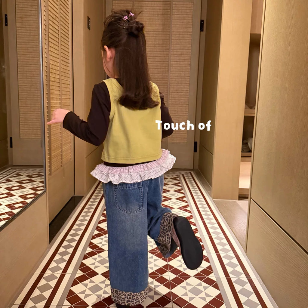 TF children's clothing 2026 autumn new item girls' and children's lace two-piece set T-shirt Korean version leopard print splicing straight leg jeans