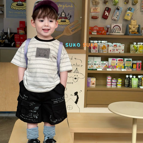 2026 summer new Korean version boys and children loose chest cartoon patch cloth round neck short sleeved T-shirt baby shorts