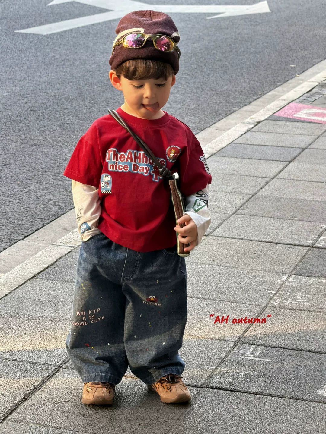 AH26 autumn boys and children's casual round neck red letter printed fake two piece T-shirt Korean loose and versatile jeans