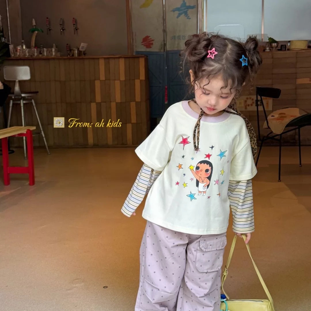 AH Children's Clothing 26 Autumn Edition Girls' and Children's Jade Star Cartoon Printed Fake Two piece Long sleeved T-shirt Korean Edition Casual Pants