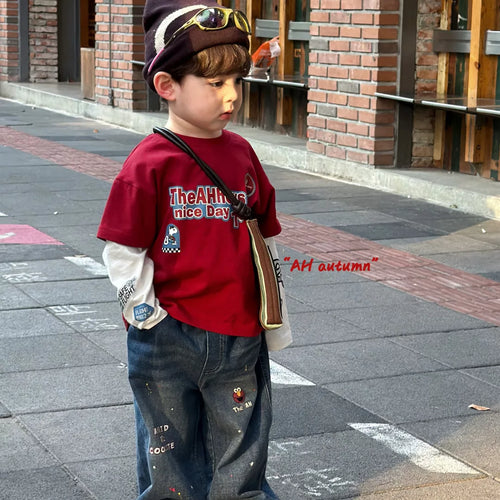 AH26 autumn boys and children's casual round neck red letter printed fake two piece T-shirt Korean loose and versatile jeans