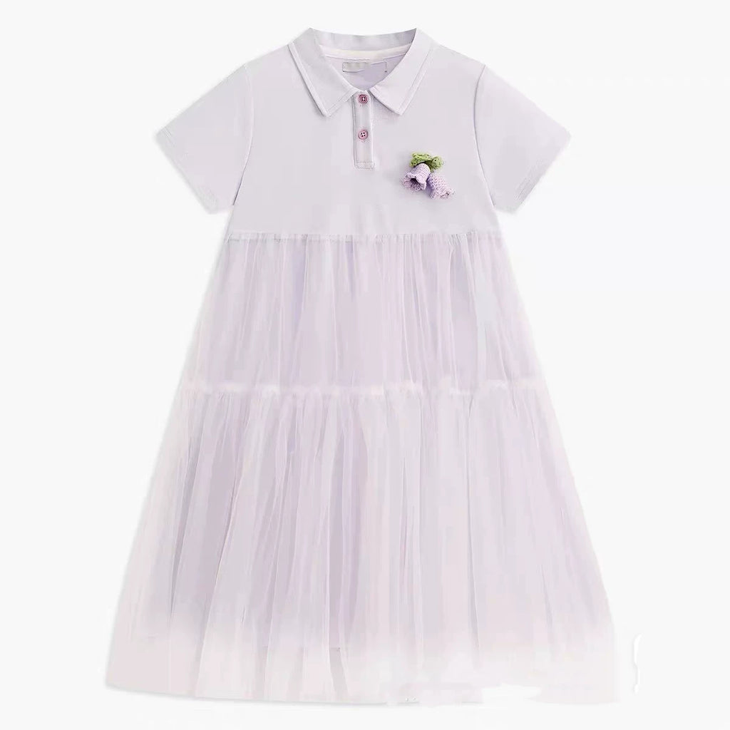 Ma Girls' Dress Summer Dress Polo Collar Dress Cute College Style Mesh Dress