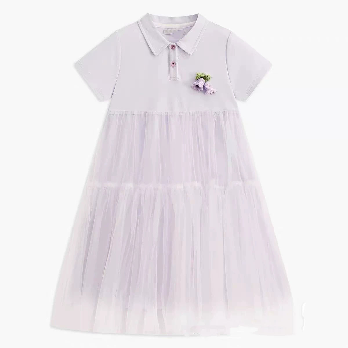 Ma Girls' Dress Summer Dress Polo Collar Dress Cute College Style Mesh Dress