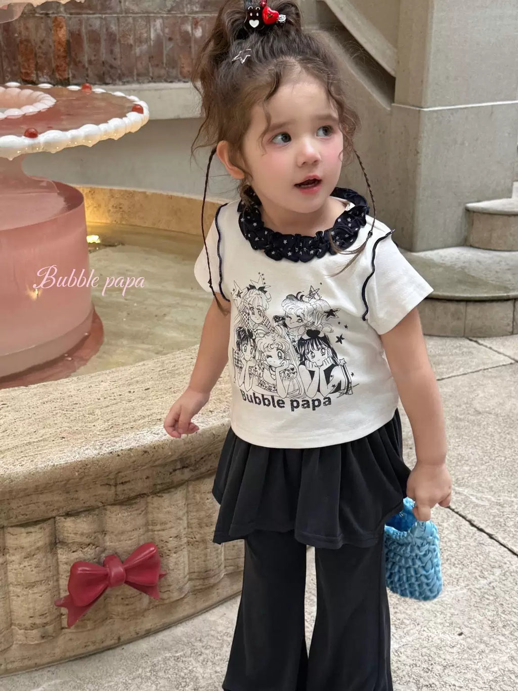 26夏新款女童小童辣妹t韩版美少女花边修身短袖T恤时髦裙边喇叭裤