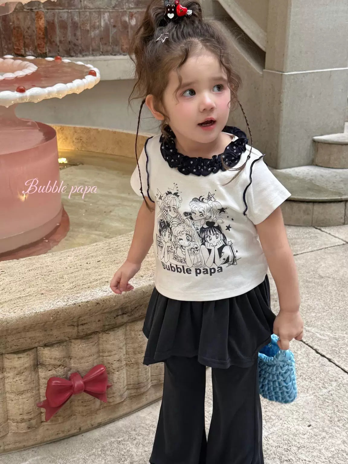 26夏新款女童小童辣妹t韩版美少女花边修身短袖T恤时髦裙边喇叭裤