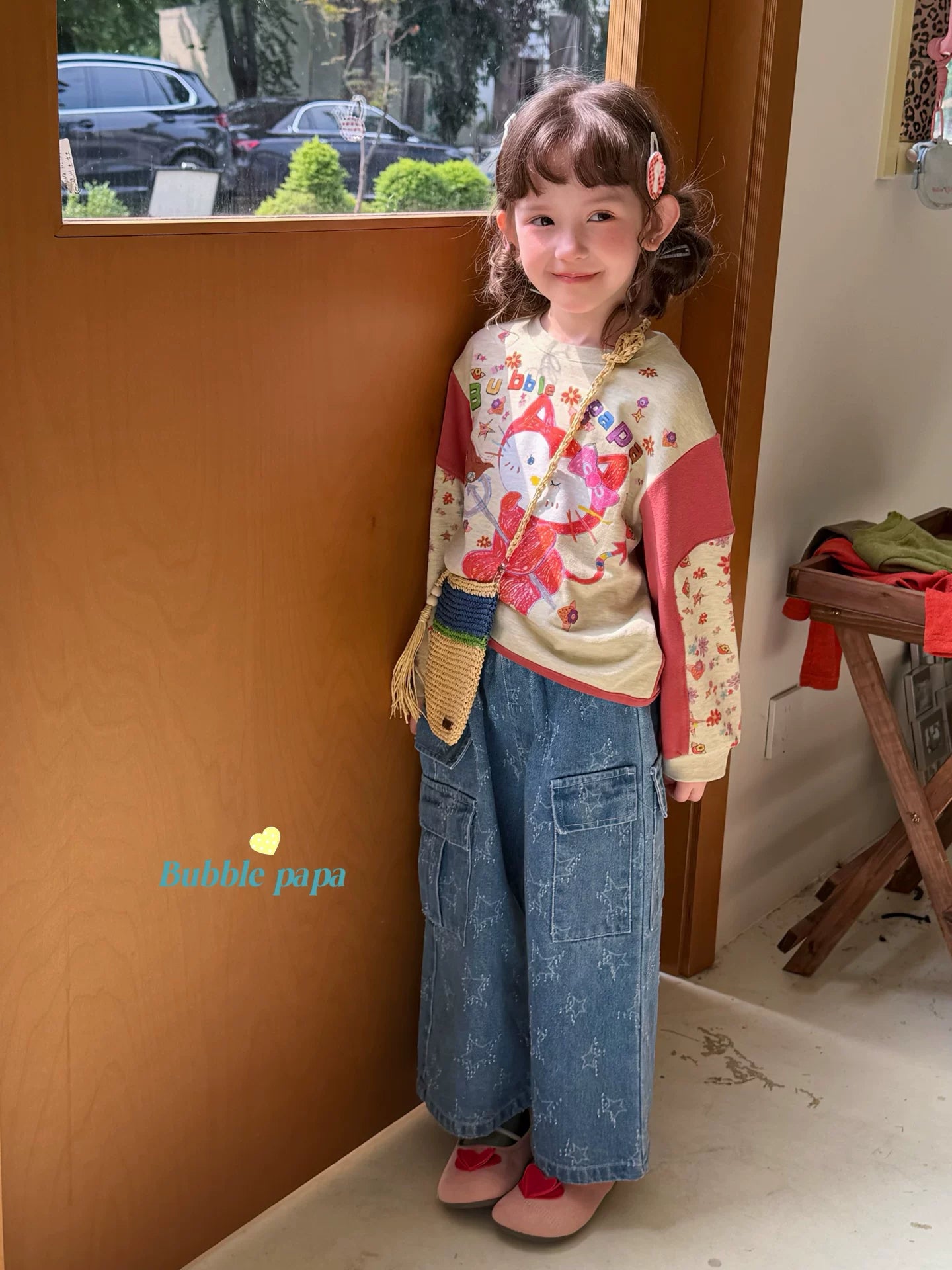 2026 Autumn Girl Cartoon Cat Printed Color blocked Sleeve Cute Long sleeved T-shirt Korean Edition workwear Straight leg jeans