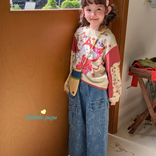 2026 Autumn Girl Cartoon Cat Printed Color blocked Sleeve Cute Long sleeved T-shirt Korean Edition workwear Straight leg jeans