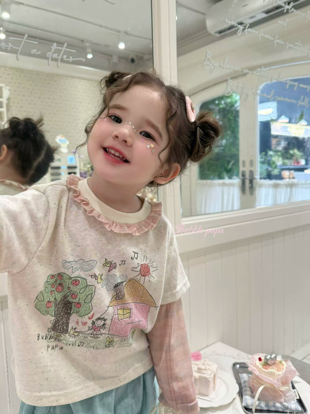 2026 summer new girls' and children's Korean version Western style fake two-piece spliced cartoon printed T-shirt, women's treasure casual pants