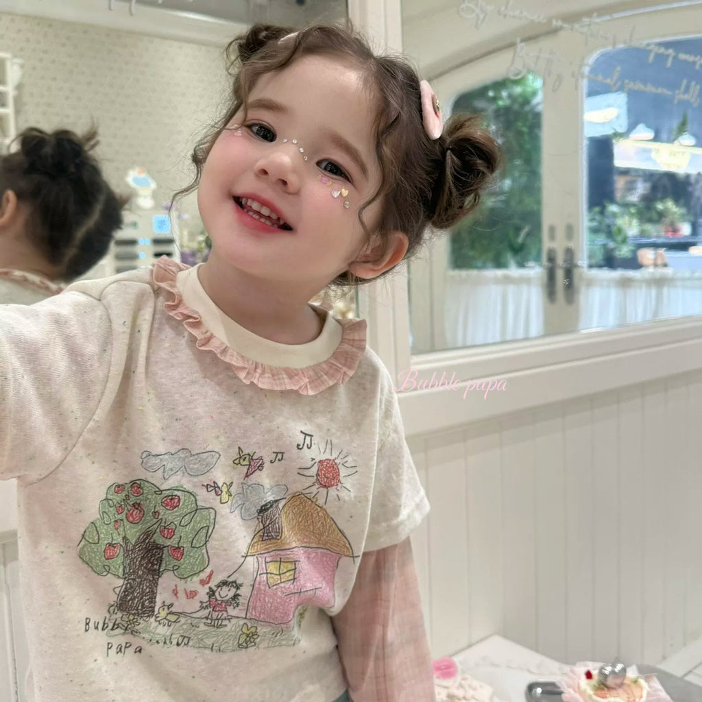 2026 summer new girls' and children's Korean version Western style fake two-piece spliced cartoon printed T-shirt, women's treasure casual pants