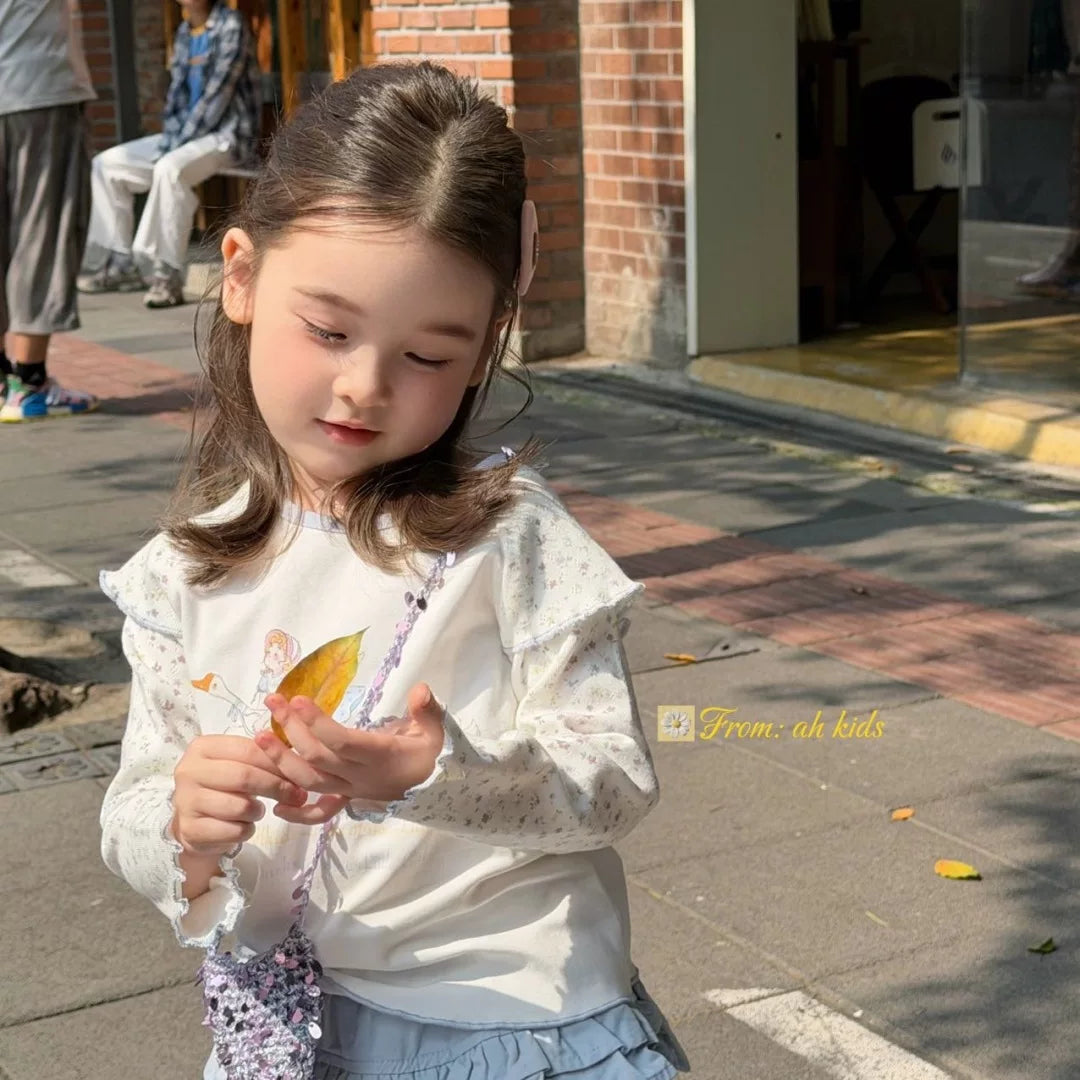 AH2026 autumn new Korean version sweet and cute lace patchwork long sleeved T-shirt for girls and children, fart curtain casual pants
