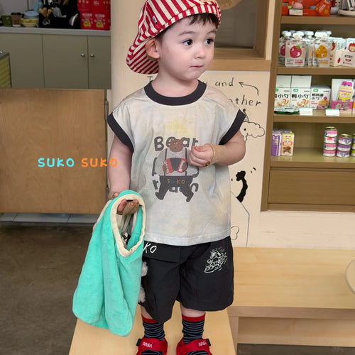 2026 summer new children's clothing Korean version round neck bear print loose sleeveless T-shirt for boys and children fashion shorts
