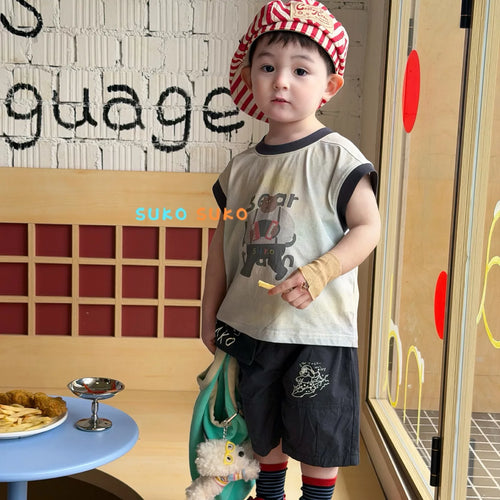 2026 summer new children's clothing Korean version round neck bear print loose sleeveless T-shirt for boys and children fashion shorts