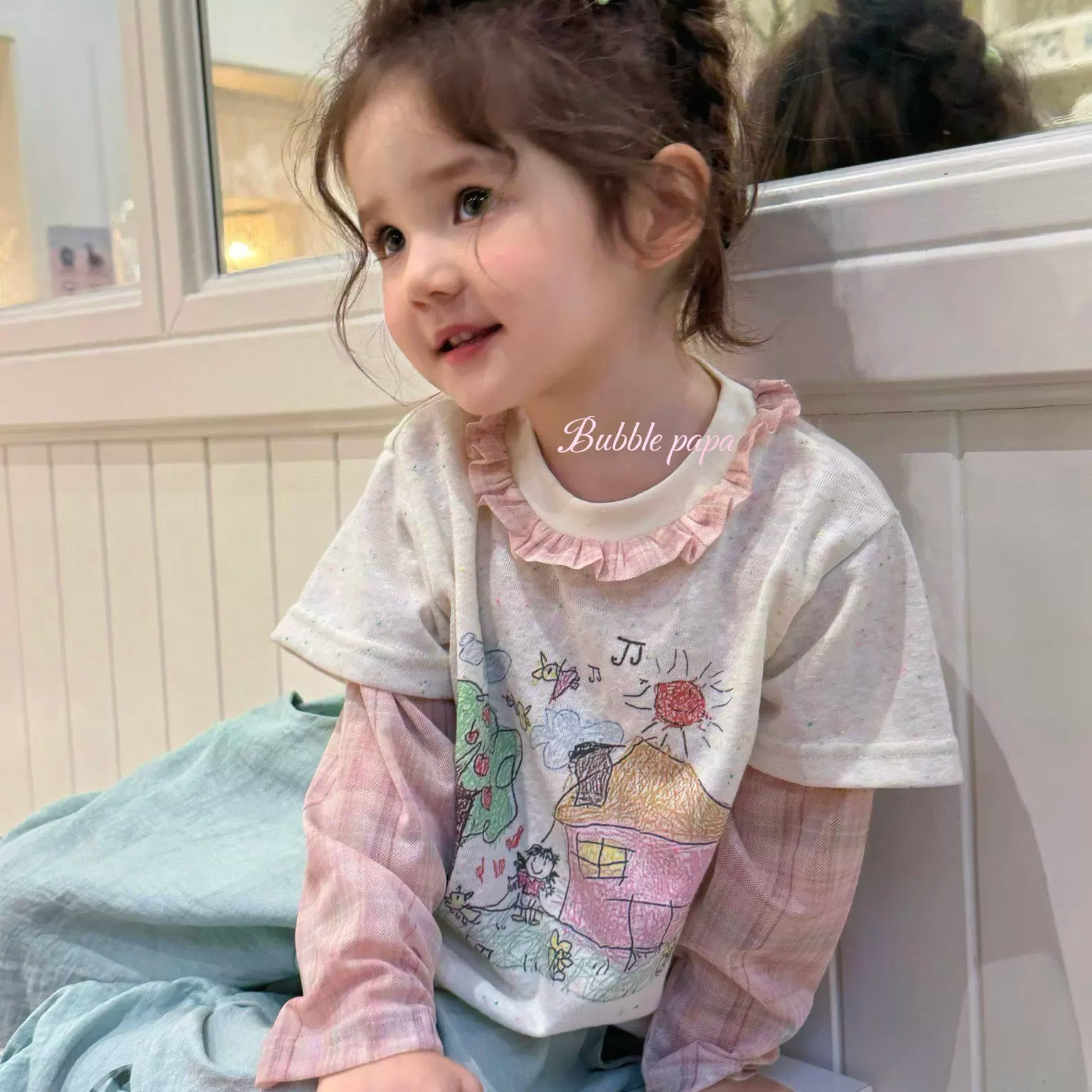 2026 summer new girls' and children's Korean version Western style fake two-piece spliced cartoon printed T-shirt, women's treasure casual pants
