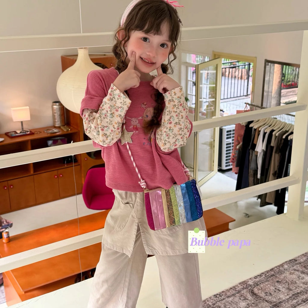 papa2026秋季可爱女小童卡通印花碎花拼接长袖T恤韩版屁帘休闲裤