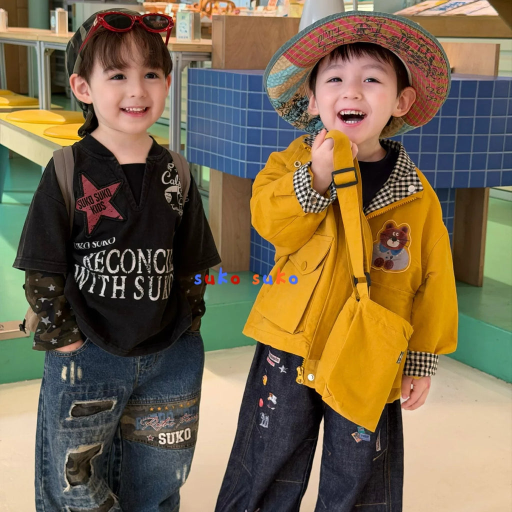 Suke 26 Autumn New Boys' American Retro Style Fake Two piece Camouflage Splicing Long Sleeve T-shirt Children's Piercing Jeans