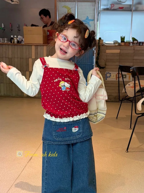 AH children's clothing 2026 autumn new item girls and children Korean version fart curtain KT cat embroidery jeans polka dot fake two piece T-shirt