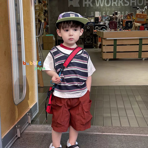 2026 summer new children's vacation two-piece spliced striped short sleeved T-shirt Korean version boys' and children's pocket casual shorts