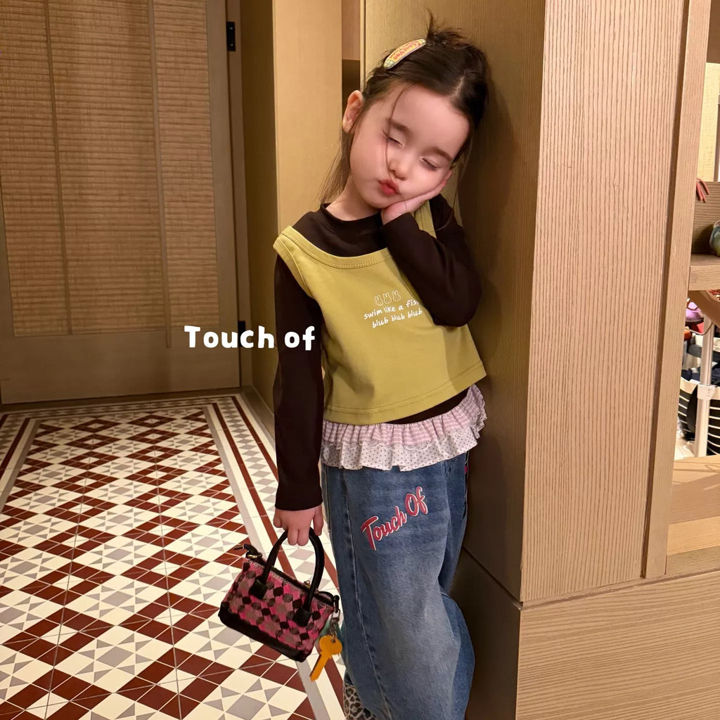 TF children's clothing 2026 autumn new item girls' and children's lace two-piece set T-shirt Korean version leopard print splicing straight leg jeans