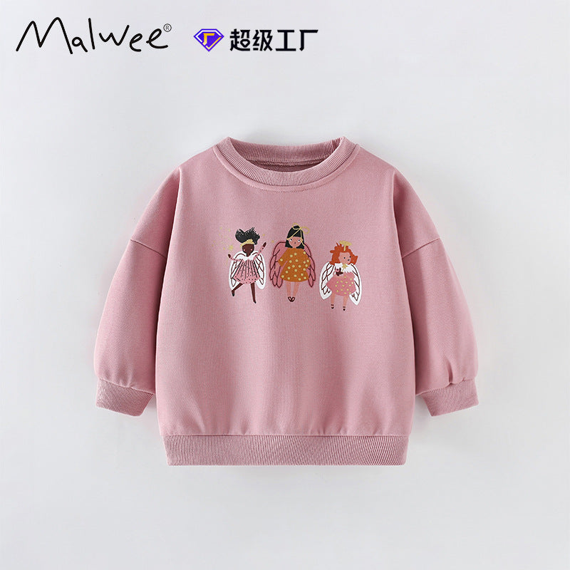Cross border Malwee girls' hoodie autumn and winter new item European and American children's round neck long sleeved base shirt, stylish children's clothing