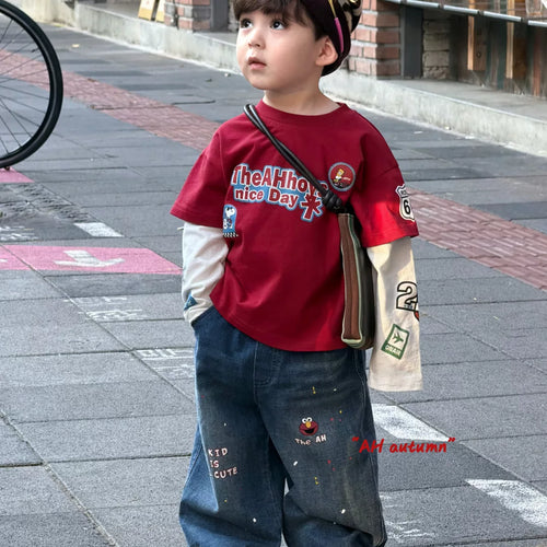 AH26 autumn boys and children's casual round neck red letter printed fake two piece T-shirt Korean loose and versatile jeans