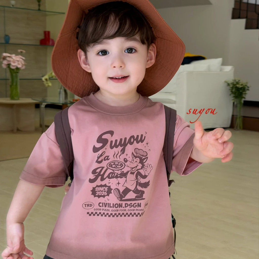 SuYou 2026 Summer Children's Clothing Half Sleeve Korean Edition Cartoon Printed Short Sleeve T-shirt for Boys and Children, Casual Cowboy Shorts