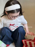 2025 summer new Korean version girls' and children's cartoon cute bow short sleeved T-shirt for women's treasure ruffled denim