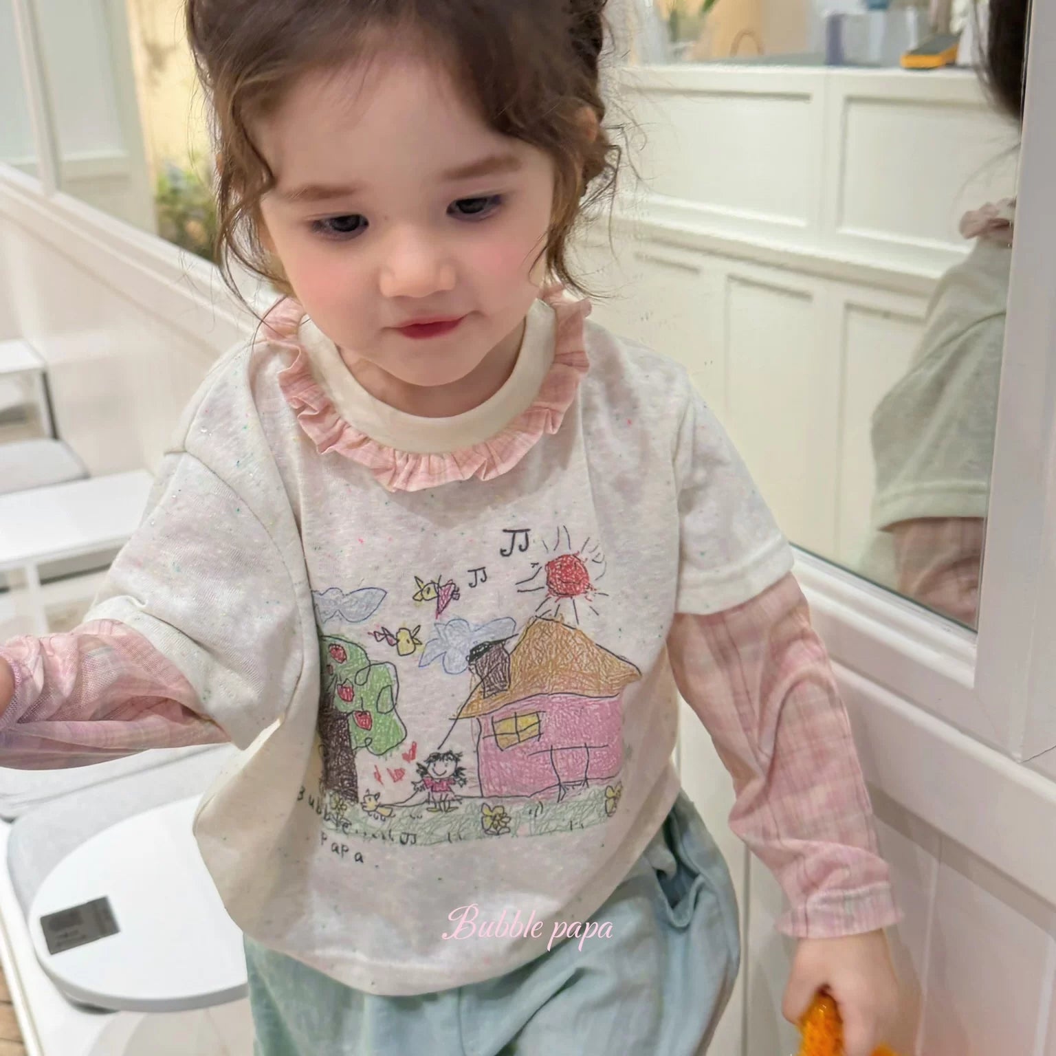 2026 summer new girls' and children's Korean version Western style fake two-piece spliced cartoon printed T-shirt, women's treasure casual pants