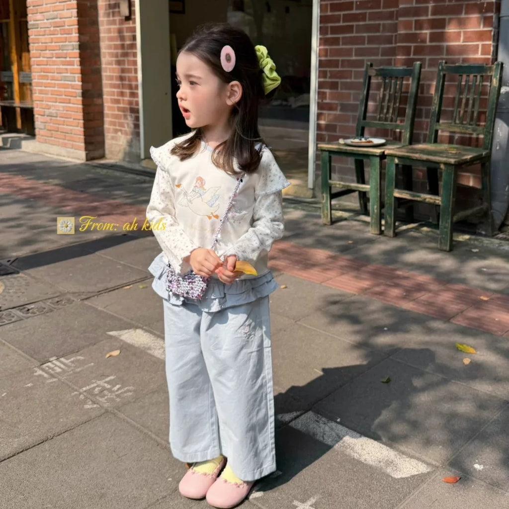 AH2026 autumn new Korean version sweet and cute lace patchwork long sleeved T-shirt for girls and children, fart curtain casual pants