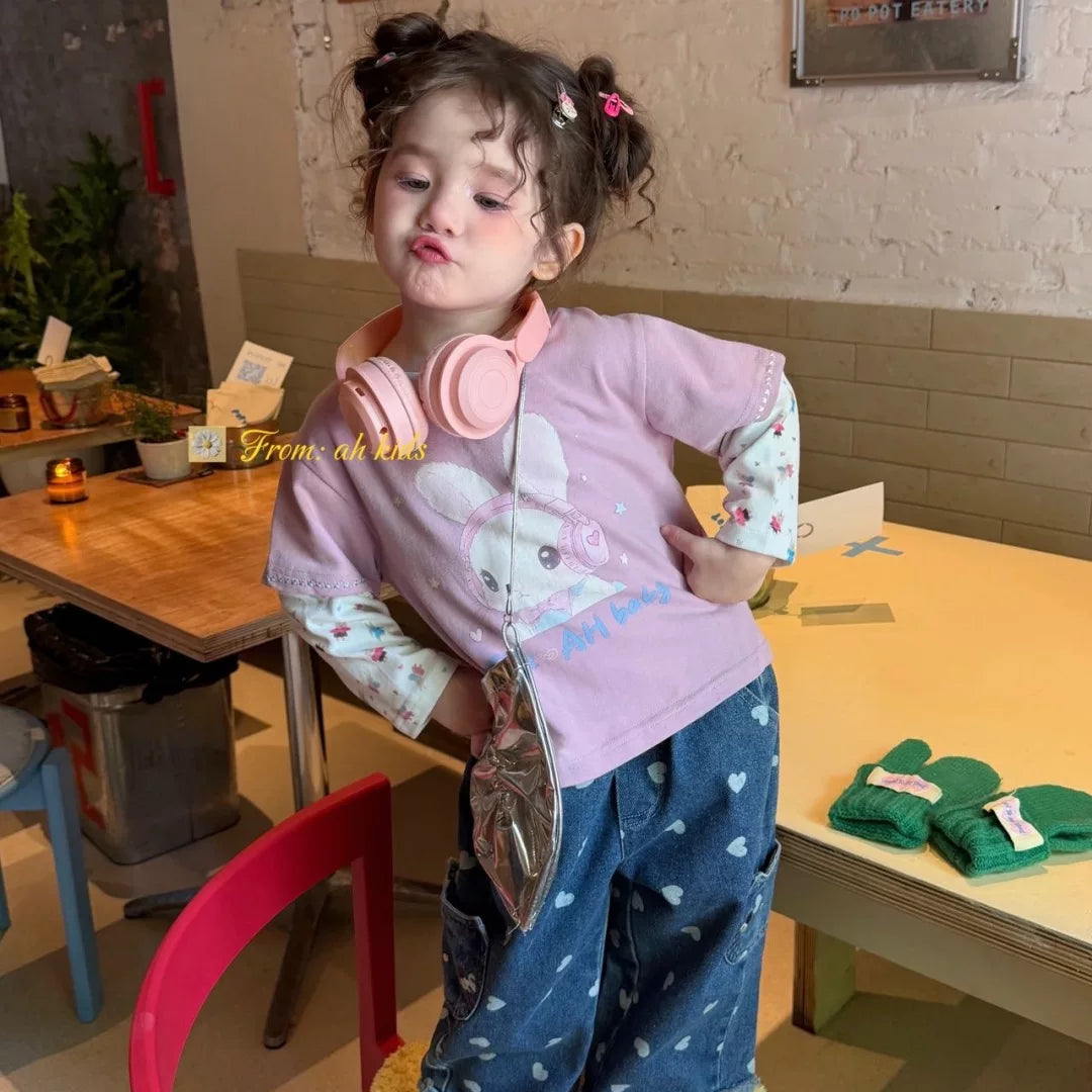 AH Children's Clothing 26 Autumn Edition Girls' and Children's Korean Version Love Cartoon Pocket Jeans Pink Rabbit Fake Two piece T-shirt