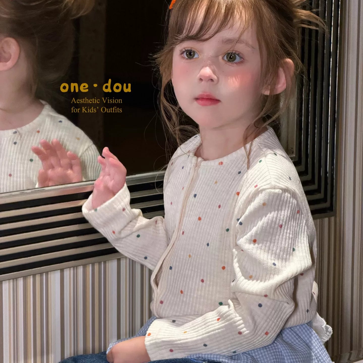 One Bean 2026 Autumn New Sweet and Cute Style Girls' Polka Dot Long Sleeve T-shirt White Round Neck Versatile Jeans
