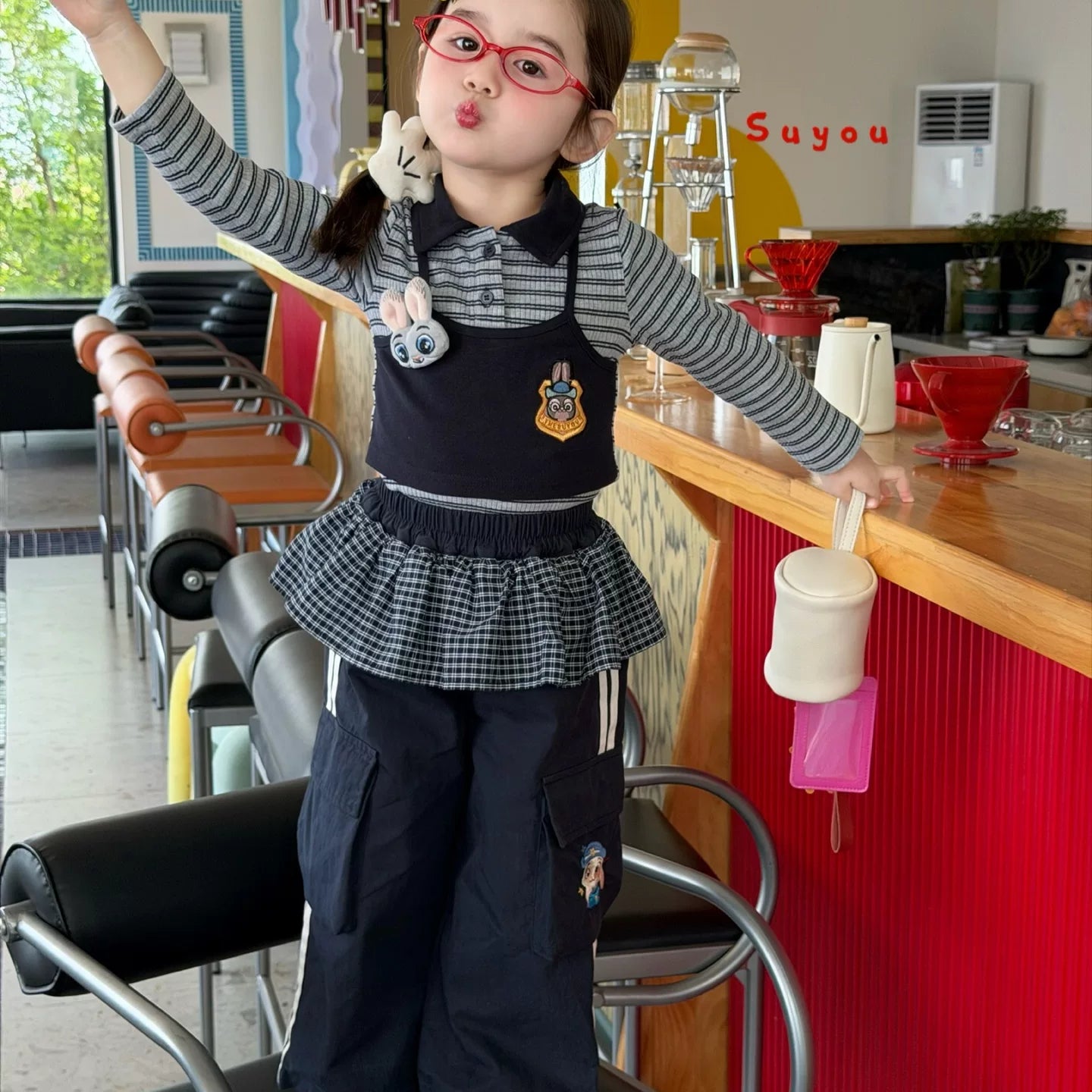 Su You Children's Clothing 26 Autumn New Style Girls' and Children's Korean Edition Skirt Casual Pants, Children's Fun Rabbit Police Officer Slimming T-shirt